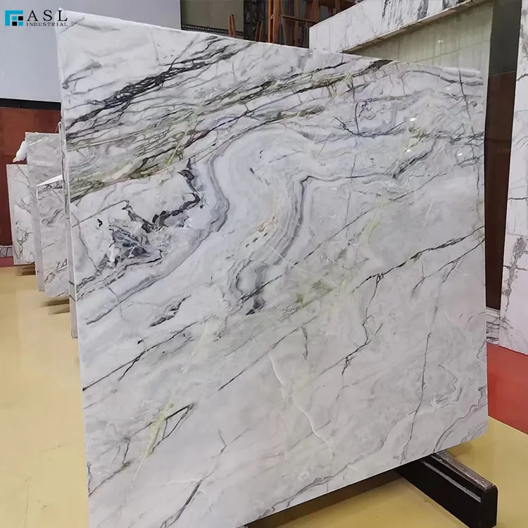 Cyan-White Bookmatch Marble Wall Tile Green Veins Orchid Jade White Marble Tiles