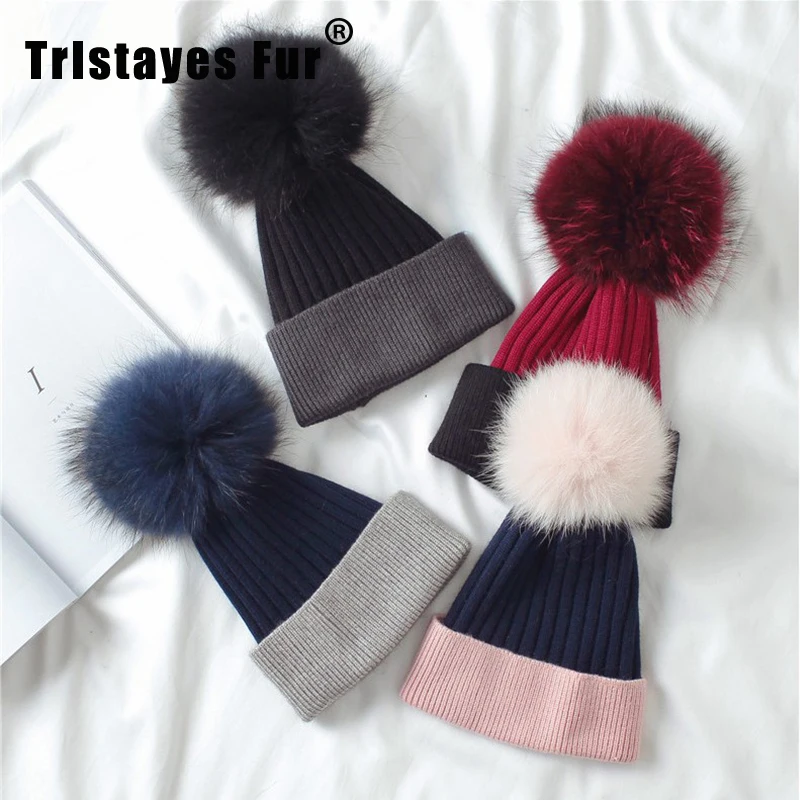 
Winter Beanie Hats With Fox Ball Fashion Hat For Women Big Ball Two Color Stripe Knit Hat 