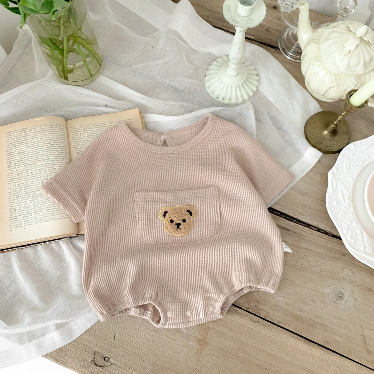 Baby clothes Summer bat-sleeved ha-bag booty suit Bear print cotton Waffle suit jumpsuits