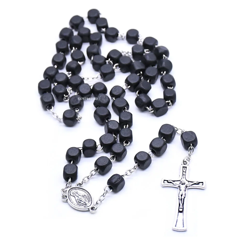 2024 Komi Wholesales Square Black Wood Beads Cross Pendant Religious Jewelry Rosary Catholic Rosary Necklace