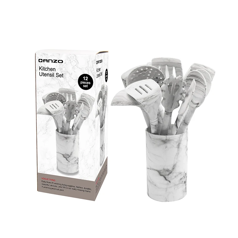 Wholesale Hot SS Kitchenware Customized Color Silicone Utensil Cooking Tool Set with Stainless Steel Handle Holder Container