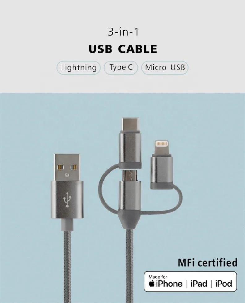  Нейлоновая оплетка MFi type c micro usb кабель для iphone 12 lightning Кабель быстрой зарядки 3 в 1 передачи