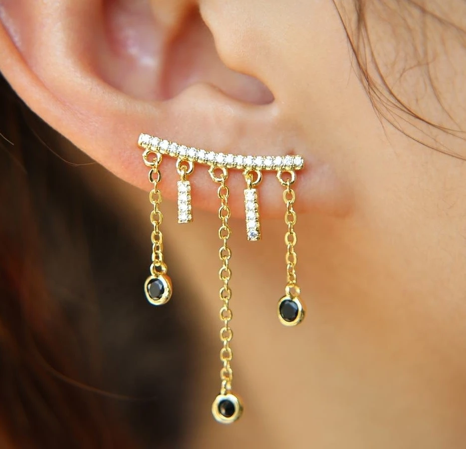 top selling fashion elegant jewelry factory wholesale 18k gold black cz tassel chain fashion earring