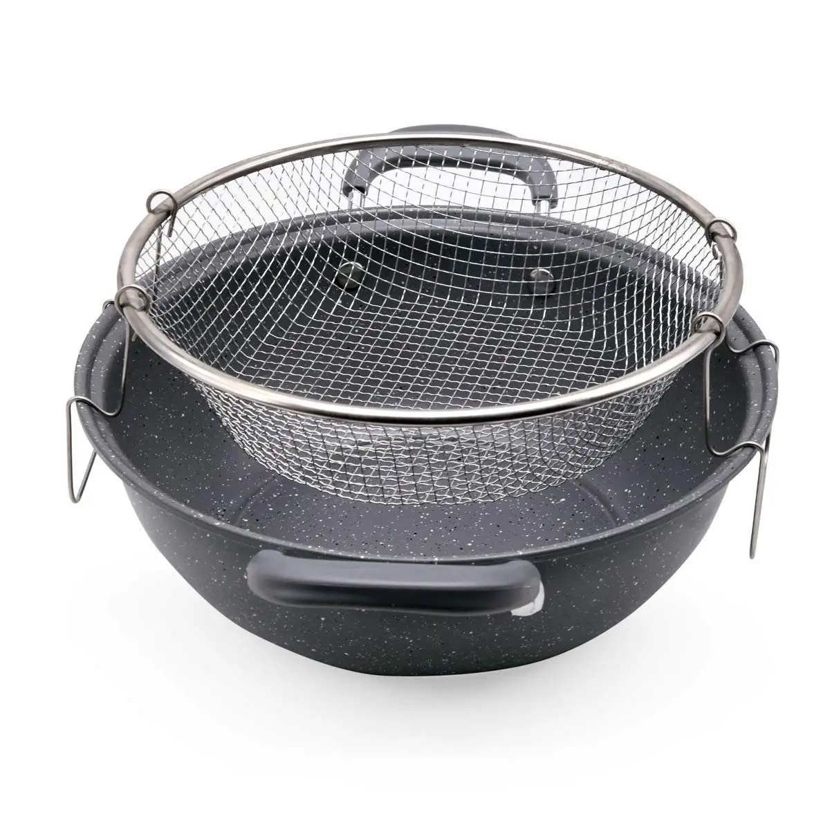 Non-stick CARBON STEEL round Deep frying pan fryer pan with lid Casserole with Basket