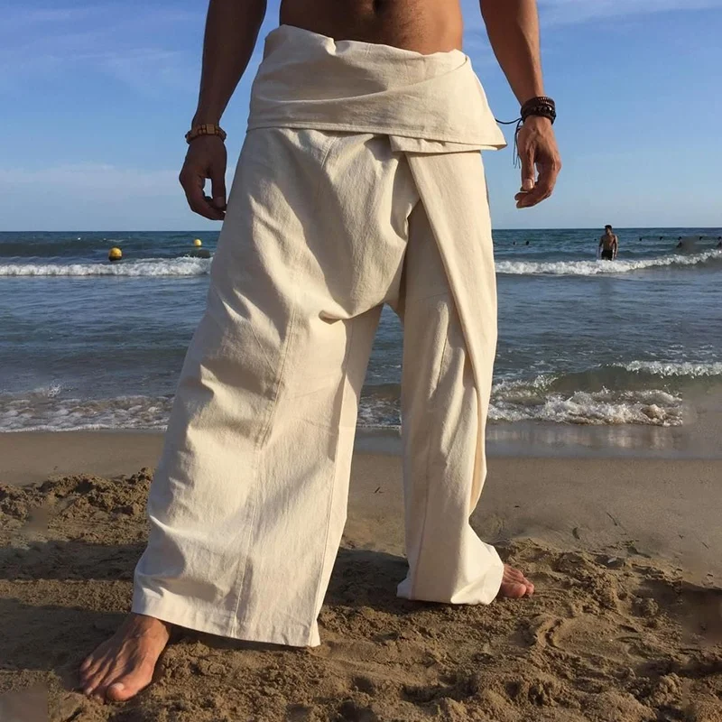 Mens Thai Fisherman Pants Linen Wide Leg Trousers Martial Arts Clothing Pirate Costume Japanese Clothes Baggy Pants
