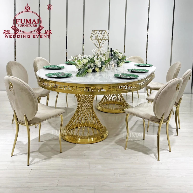 Oval stainless steel base mdf top banquet high gloss dining table
