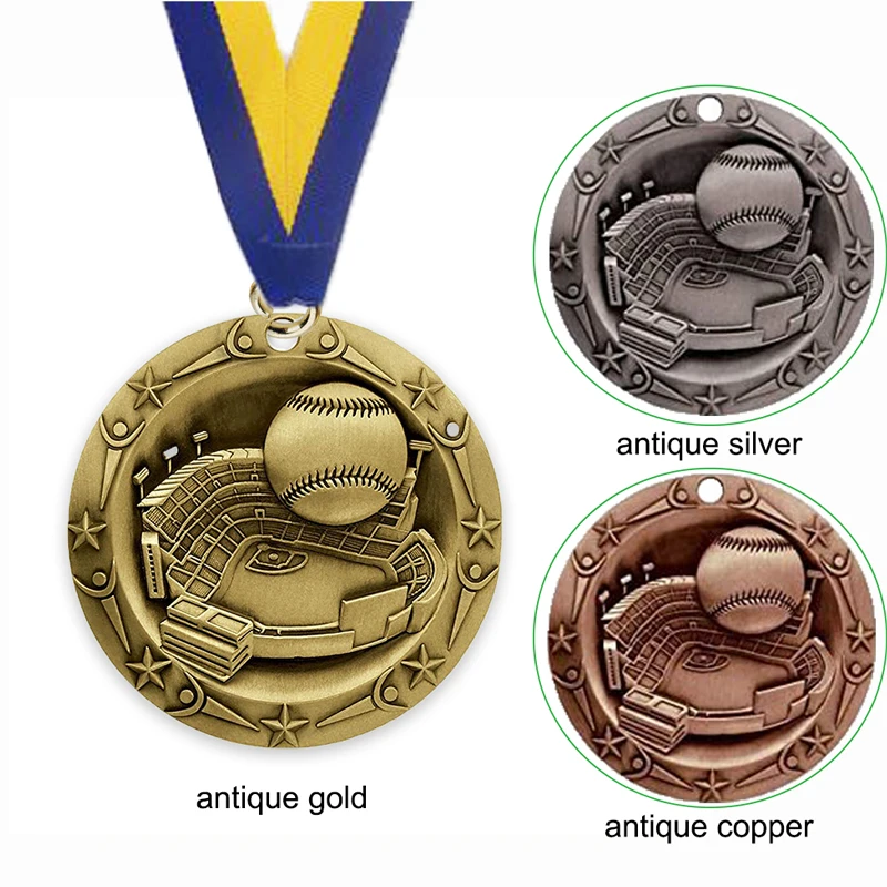 3D relief Metal zinc alloy zamak Sports Baseball competition championship gold silver bronze honor award Medal medallion trophy