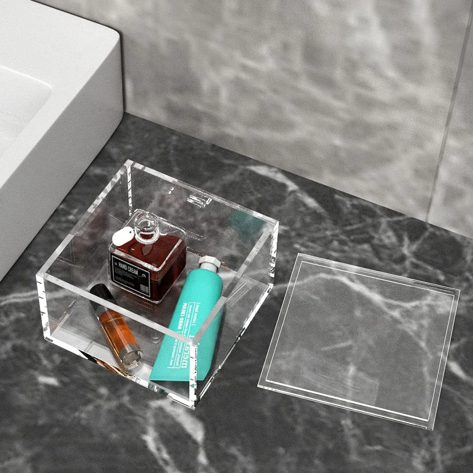 Decorative Clear Acrylic Box with Lid, Clear Box Square Stackable Mult-Purpose for Office and Home