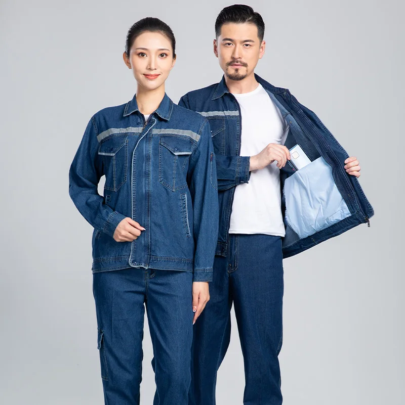 Summer Long Sleeve Denim Workwear Jacket and Pants Cowboy Reflective Strips Work Clothes Custom Uniforms for Construction