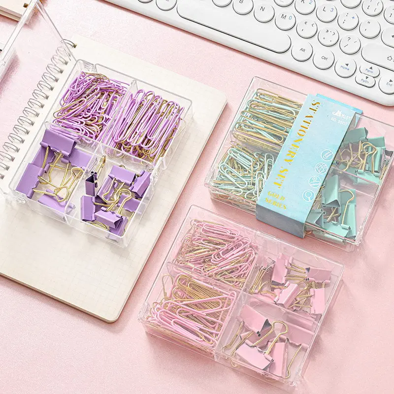 Wholesale Color Paper Clip Stationery Set Customized Box Logo Packing School Office Plastic Color Binder Clips