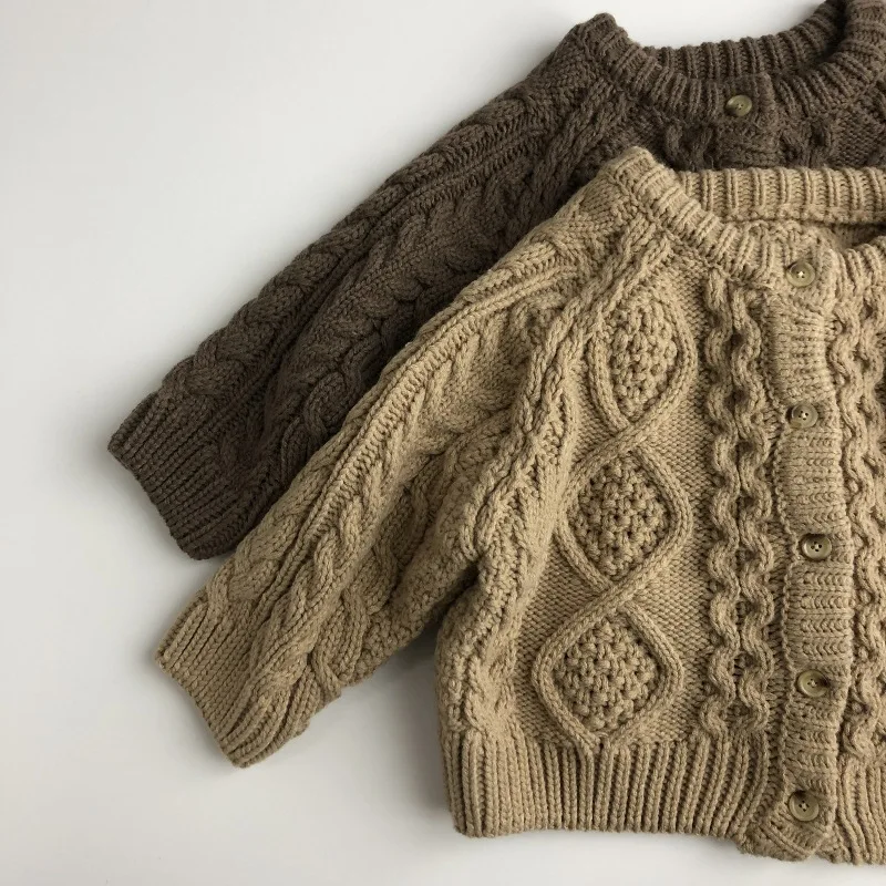 Ivy42460A 2024 winter baby boys girls sweater kids cotton solid knitted cardigans children natural color knitwear coat