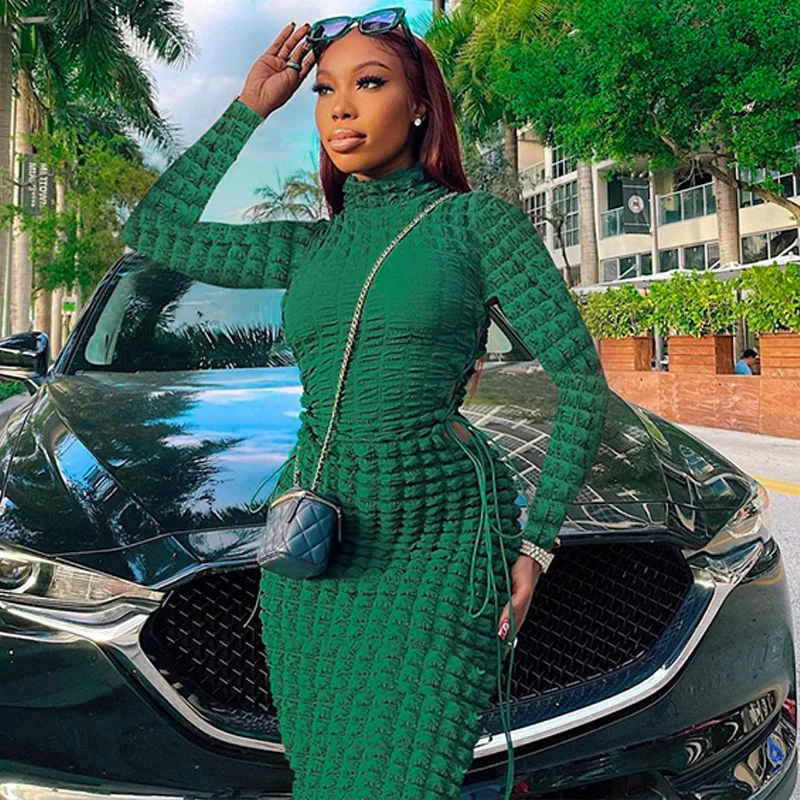 Bomblook QWDS05 Women Fashion Long Sleeve Bodycon Streetwear Green Long Dress 2022 Autumn Fall Clothes