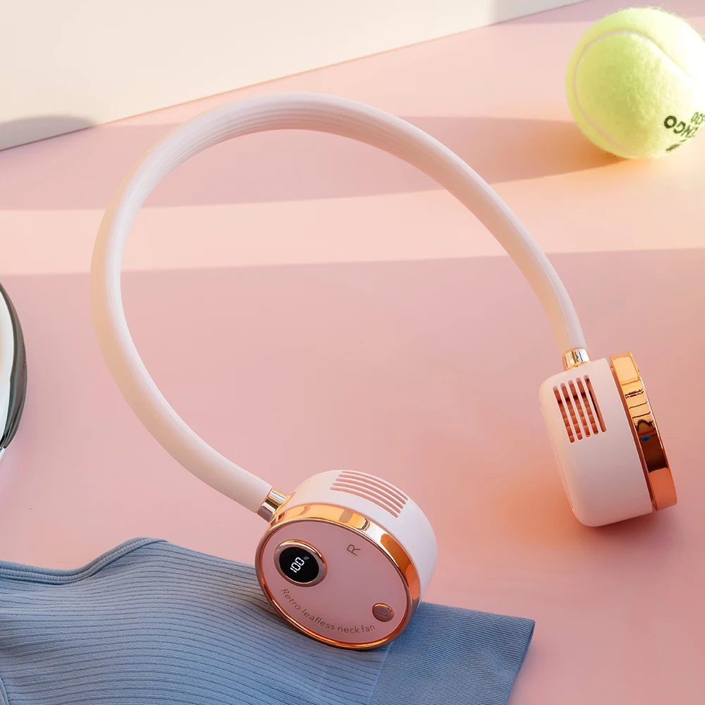 Private Mode Stock Chargeable Digital Display Turbo-Dynamo Portable Folding Sport Wearable Cooling Mini Hanging Neck Fan