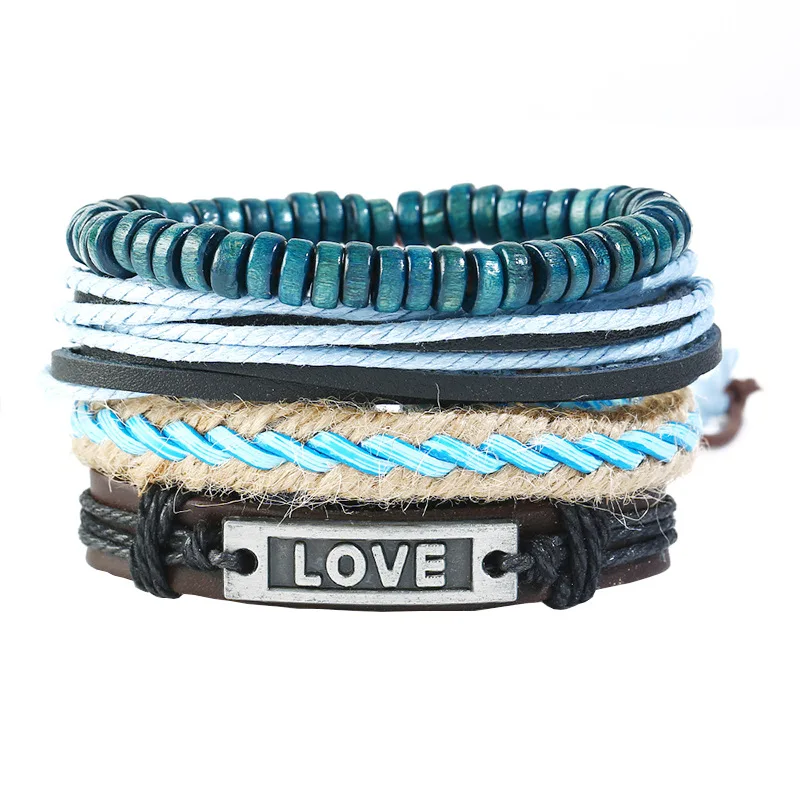 4in1 Fashion Four Layers Multi-Layers Leather Wrap Wooden Beaded Blue Hemp Rope Braided Punk Letter LOVE Jewelry Bracelet