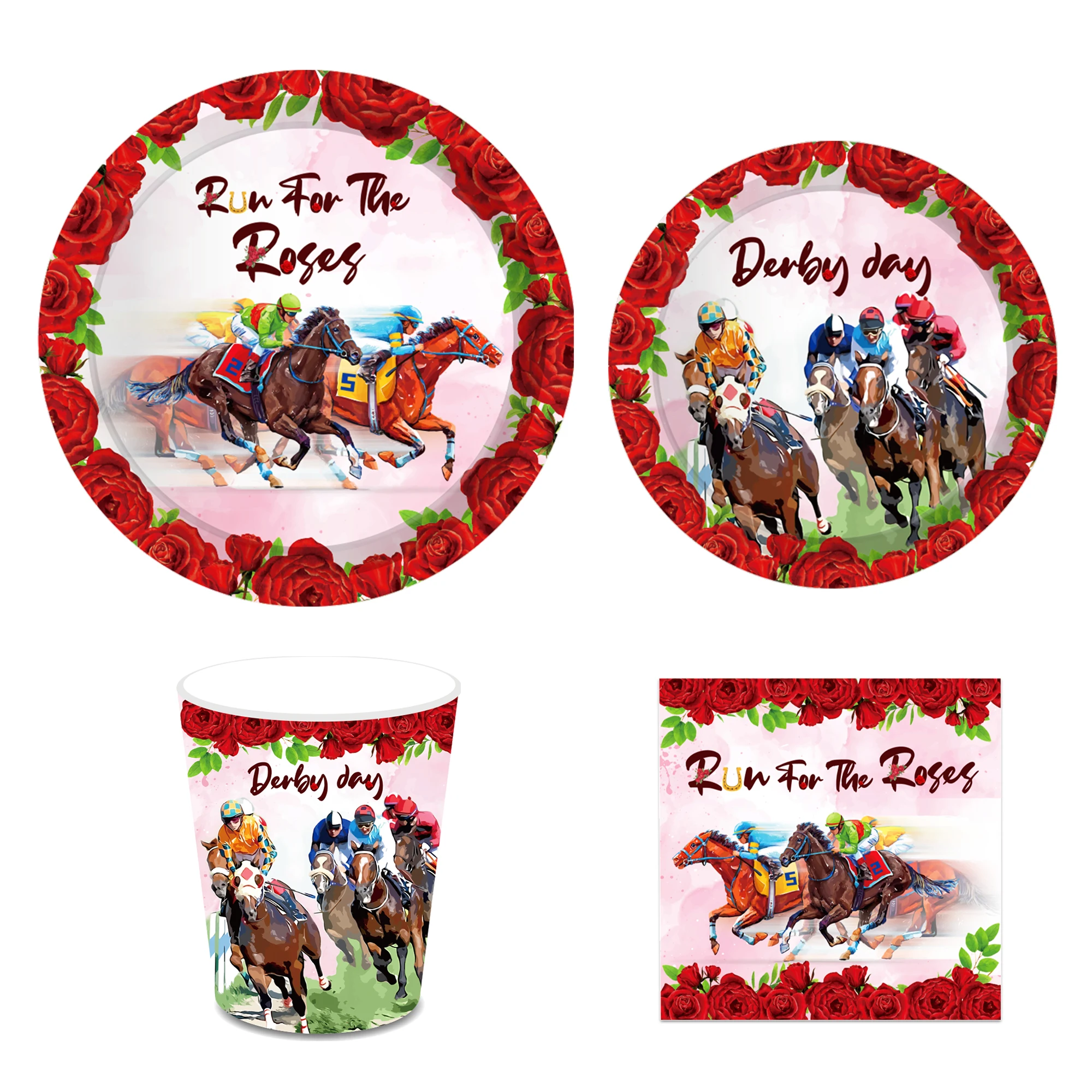 Huancai Derby Day Party Supplies Run For The Roses Paper Plates Cups Napkins Disposable Tableware Set for Horse Race Party Decor