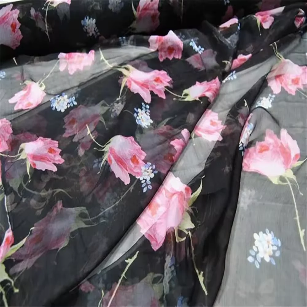 Weave Graceful Breathable Flower Printed 100% Natural Silk Crinkle Chiffon Fabric for Fashion Spring Clothes