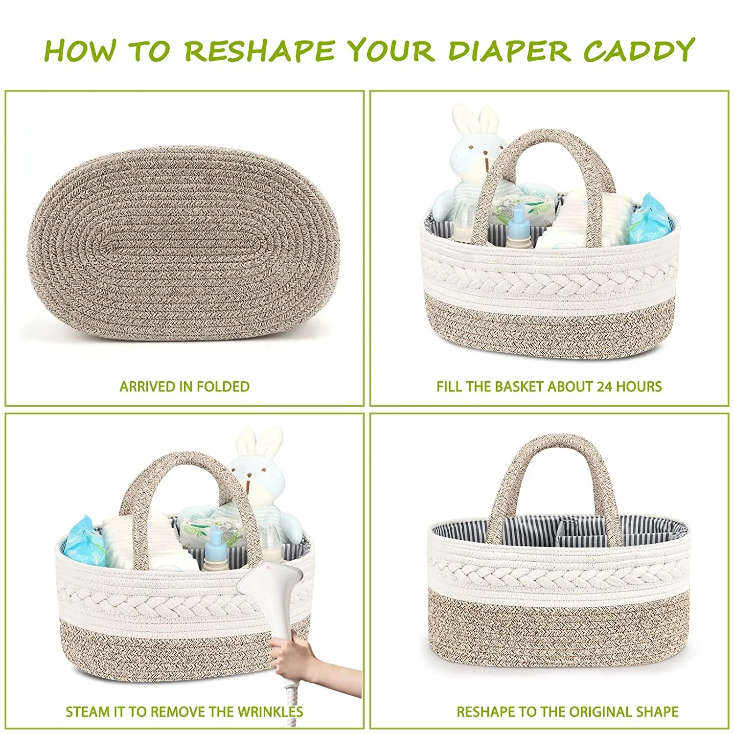 Baby Diaper Caddy Organizer Basket Cotton Rope Nursery Storage Bin for Boys and Girls Tote Bag with Removable Inserts