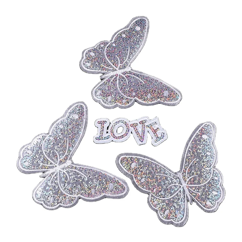 Clothing accessories sequins embroidered butterfly cloth, white transparent cloth patch, butterfly letter cloth label