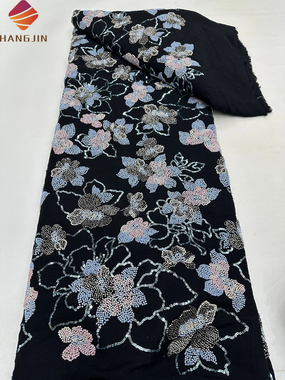 Black Heavy Beaded Lace Fabric With Sequin Luxury 3D Flower Lace Fabric Embroidery Cotton Lace Fabric For Women Party Dress