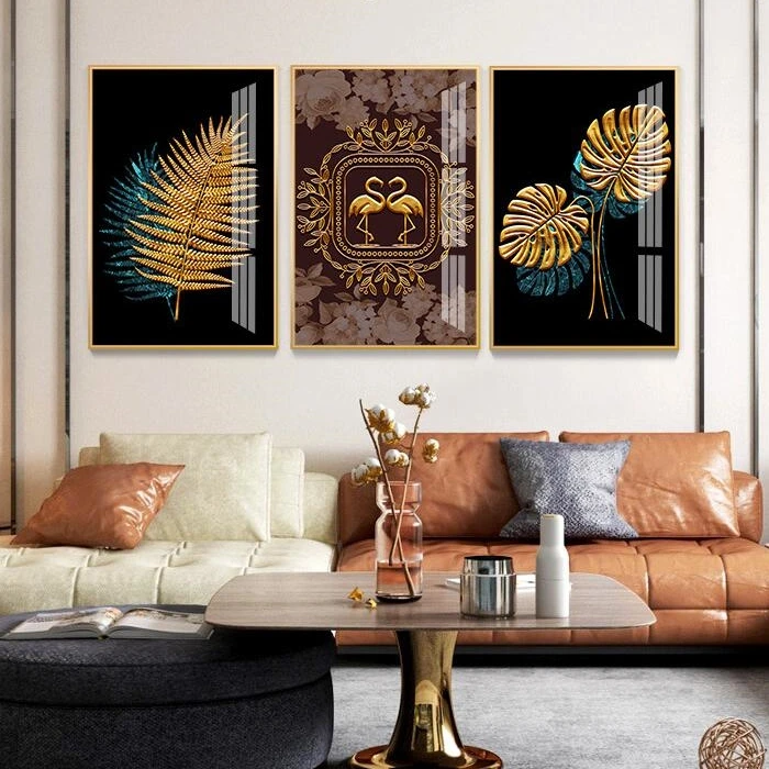 Custom design gold leaves picture wall glass european abstract crystal porcelain painting
