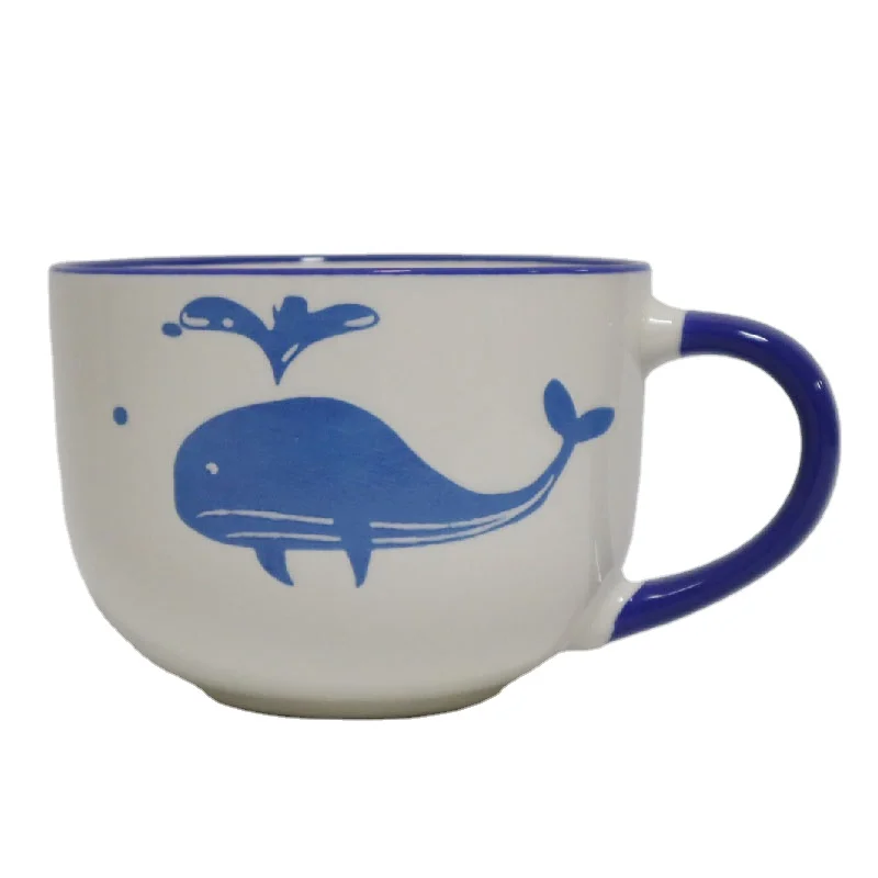 
Custom Ceramic Mug Soup Mug with Inner Color Glazed for Wholesale Printed Pattern and Blue Rim with Handle 