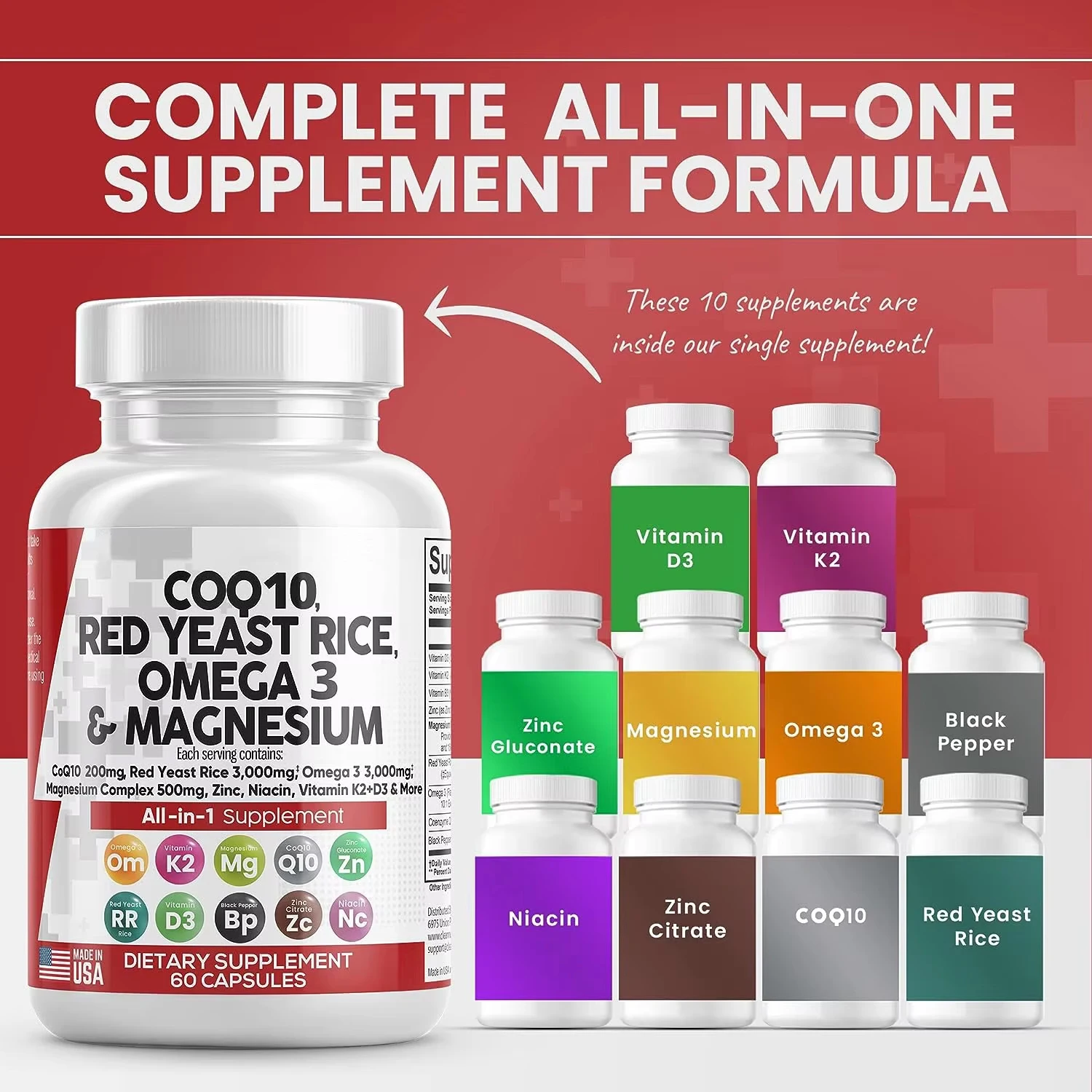 COQ10 Capsules Red Yeast Rice Omega 3 Magnesium Niacin Vitamin K2 D3-Herbal Supplements Adult Heart Health Support Anti-Aging