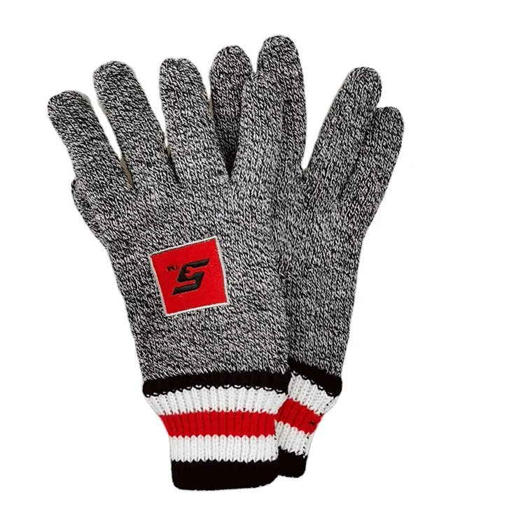 Hot Selling 100% Acrylic Winter Knitted Gloves With Customized Embroidery Logo Adult Size Striped Gray Gloves