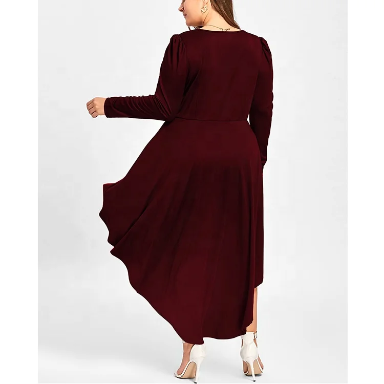 Fashionable Plus Size Sexy Lady Long Sleeve Evening Party Dresses V-neck Tea-lengthpleat Ruched Women Dress