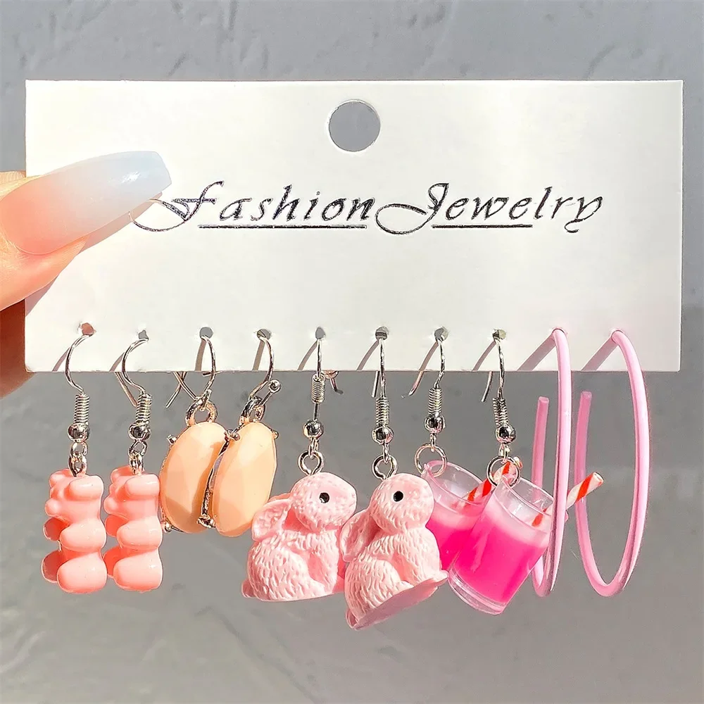 Cute Colorful  Animal Acrylic hoop Earrings Set For Women Jewelry Cartoon Geometric Butterfly Bear Love Drop Earring Set