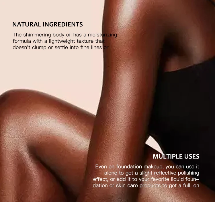 private label vitamin E vitmain C face and body bronze silvery gold glow oil shea butter sweet almond shimmer glitter body oil