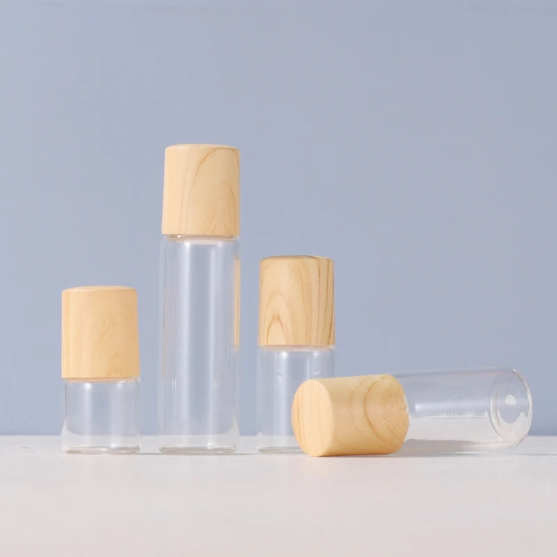 1ml2ml3ml5ml bottle suitable for essential oils natural clear glass roller bottles wood caps, thick glass bottle