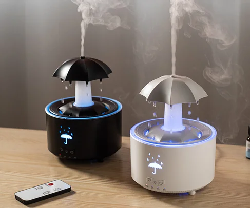 Lower price unique products water drop household big fog Umbrella Rotate Cloud Aroma Diffuser led light essential oil humidifier