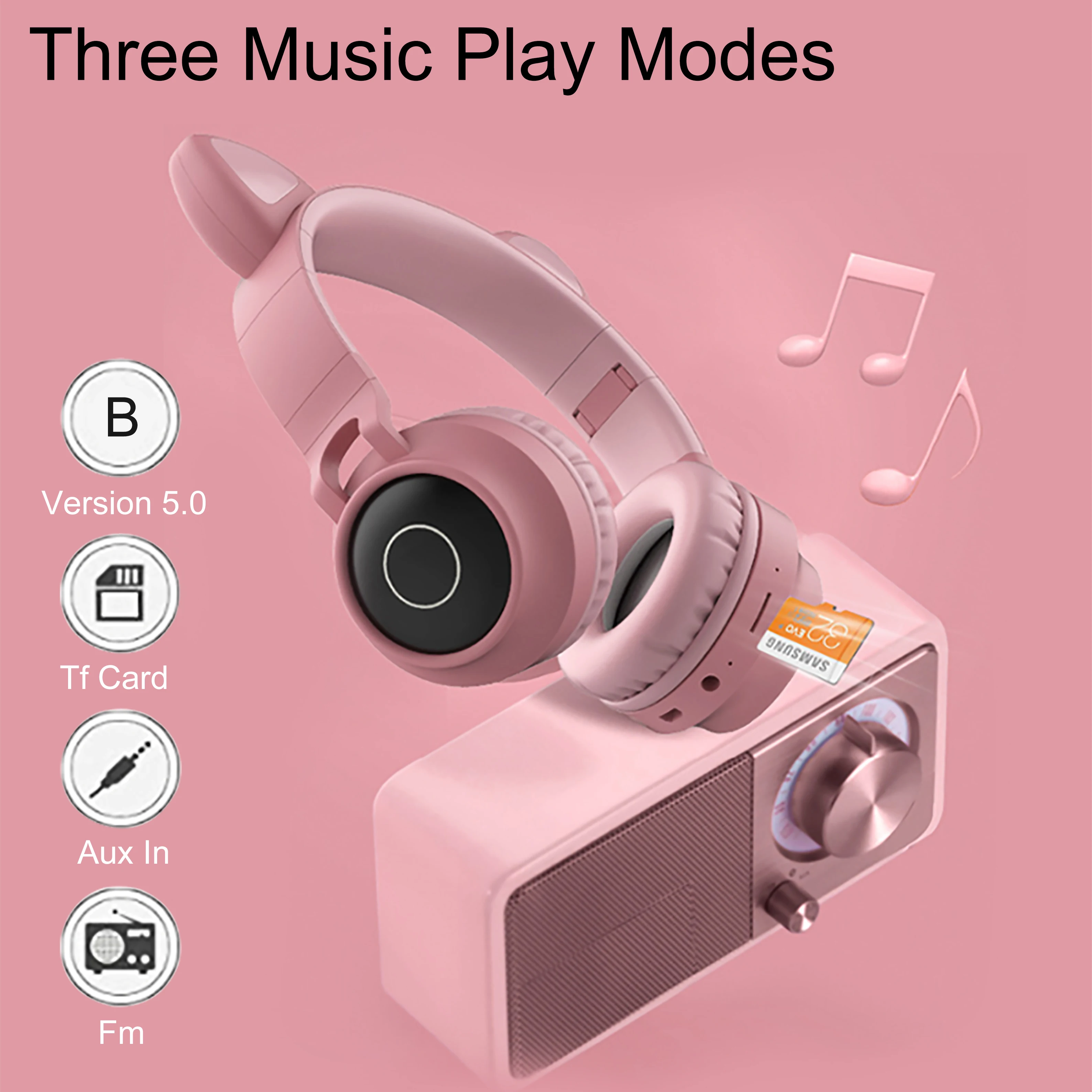 Dropshipping Pink Wireless Cat Ear Headphones Music LED Lovely Kids Earphone