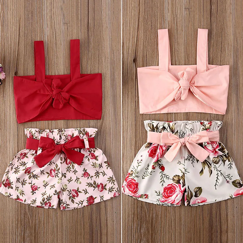 RTS wholesale floral print kids boutique clothing set little girls summer clothes