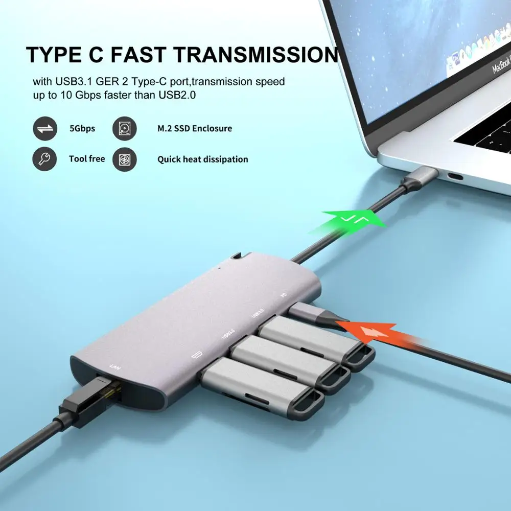 Toll Free USB HUB with 4K HD Media USB 3.0 1000M LAN for Laptop Macbook M.2 SSD Enclosure for 2230 2242 2260 2280
