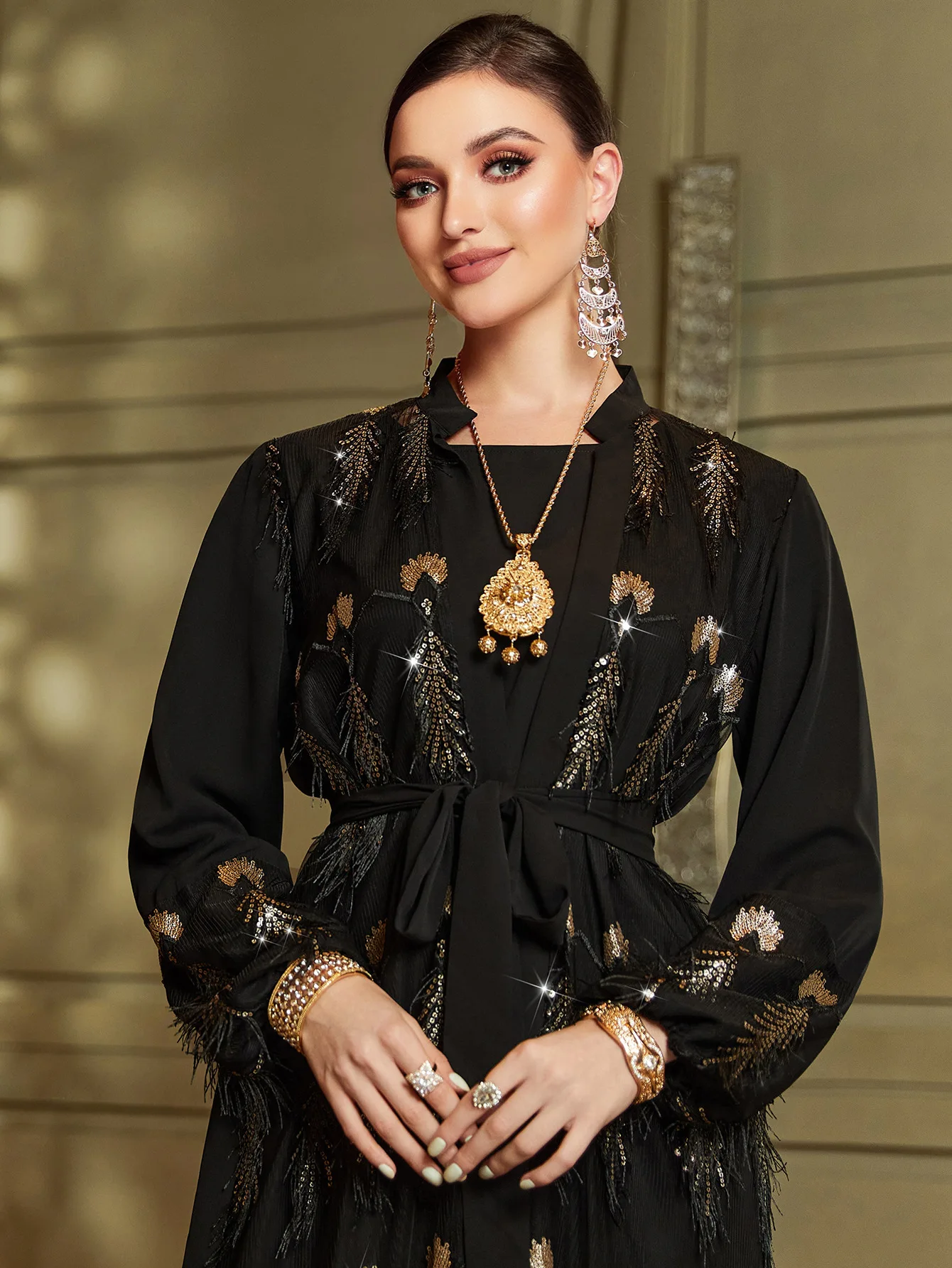abaya muslim 2024 saudi 2 Pieces Abaya Set Black Shimmer Feather Sequin Cardigan Long Dress Modest East Middle Evening Dress