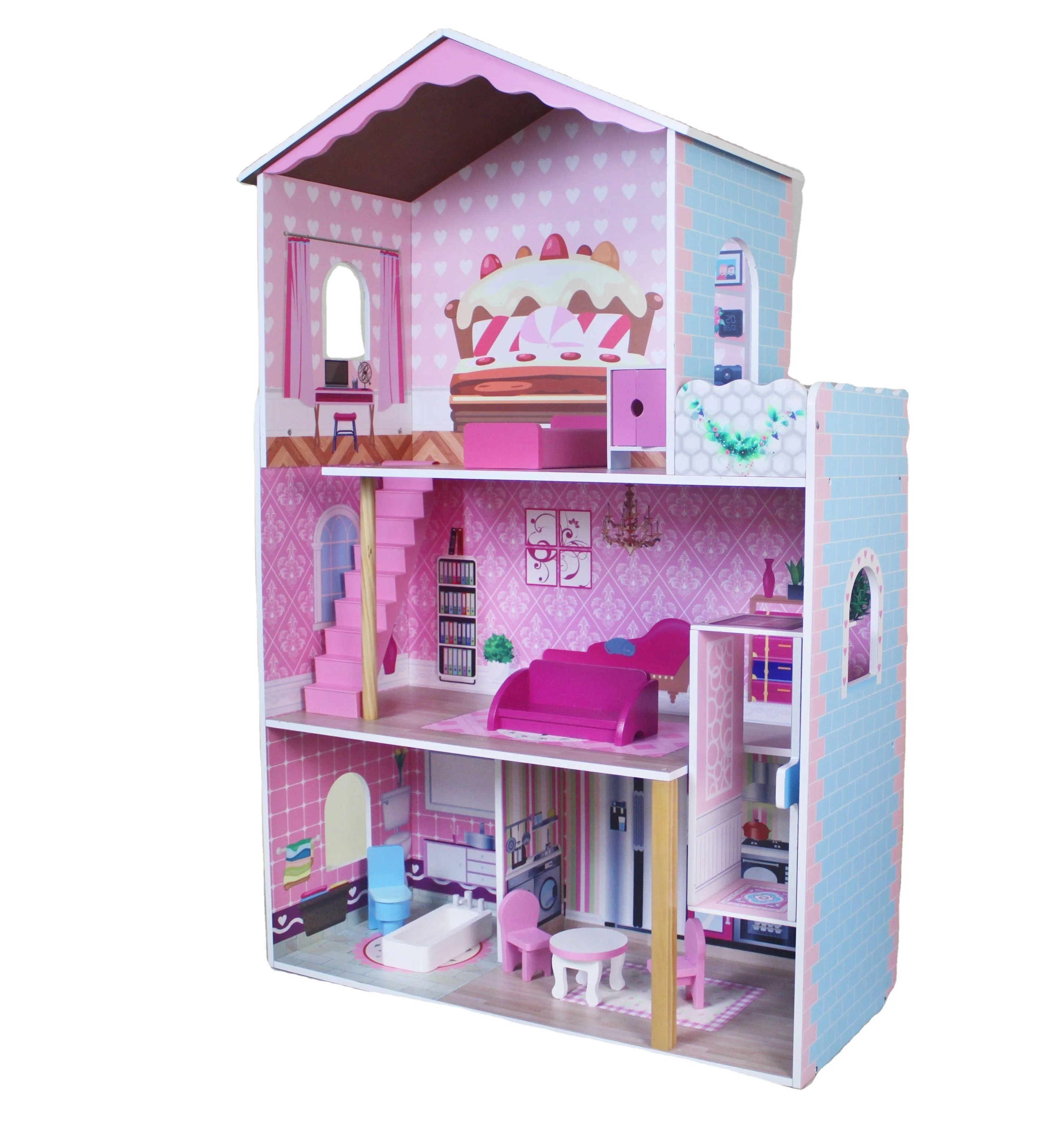 Classic Three Storeys Wooden Dollhouse Toys Pretend Play Toy Wooden Doll House for Kids