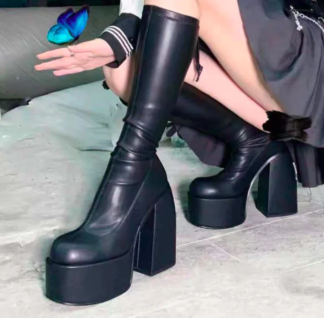 punk style autumn winter boots elastic microfiber shoes woman ankle boots high heels black thick platform long knee high boots
