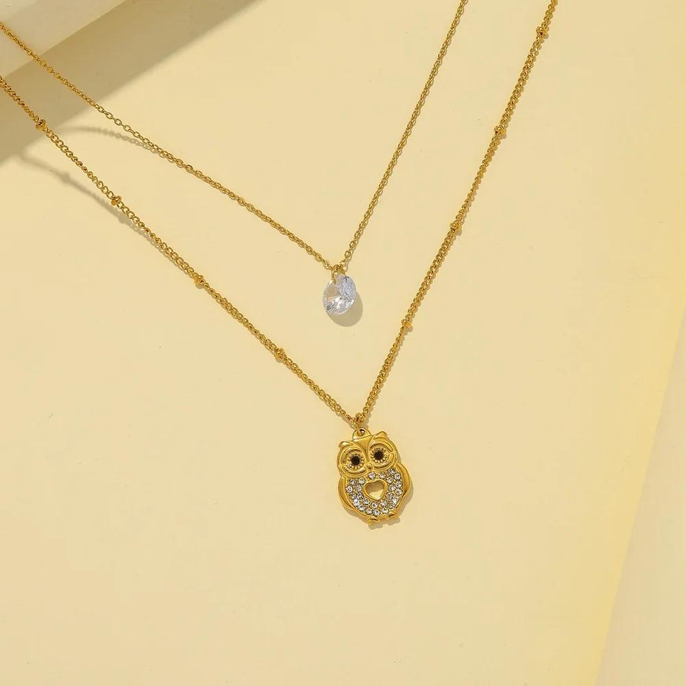 New style stainless steel gold-plated double necklace owl zircon pendant fashion titanium steel clavicle chain accessories