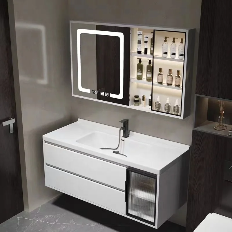 Modern Simple Design Bath Wall Mounted Bathroom Mirrored Vanity Cabinet With Ceramic Sink
