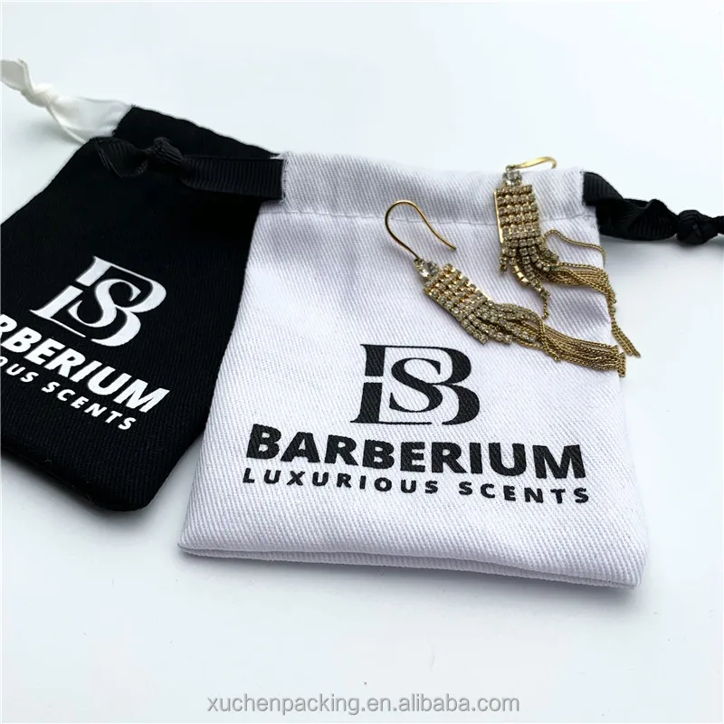 Custom 3*4 Small Cotton Jewelry Packaging Bag for Earring Twill Cotton Jewelry Pouches With Grosgrain Ribbon