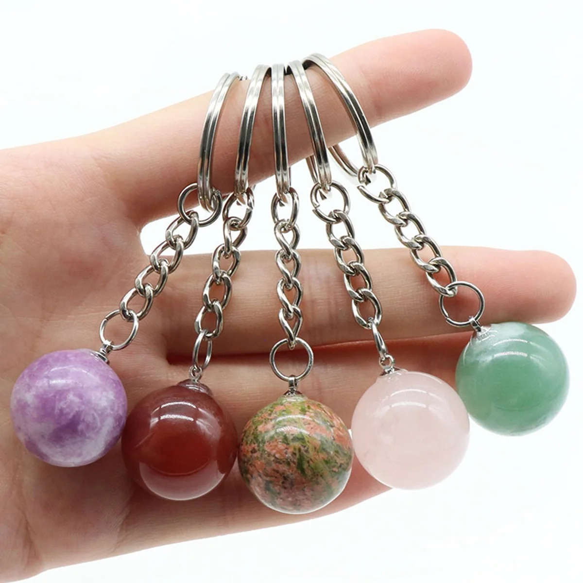 Simple Personalized Alloy Hook Ring Round Ball Shaped Gemstone Pendant Keychains
