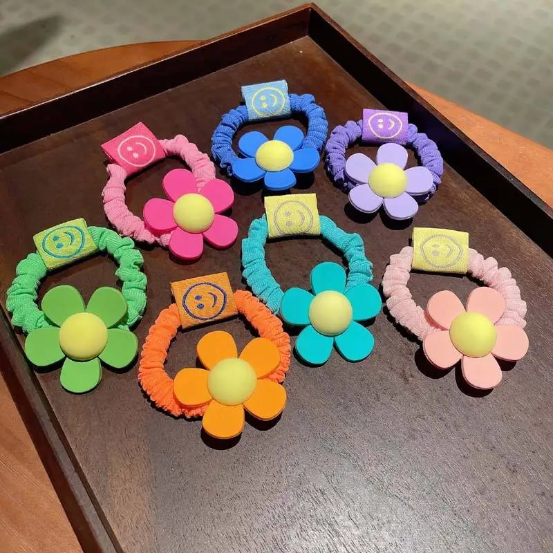 JIRIS Spring New Design Flower Hair Tie High Quality Acrylic With Smile Tag Elastic Hair Ties Korean Hair Accessories For Kids