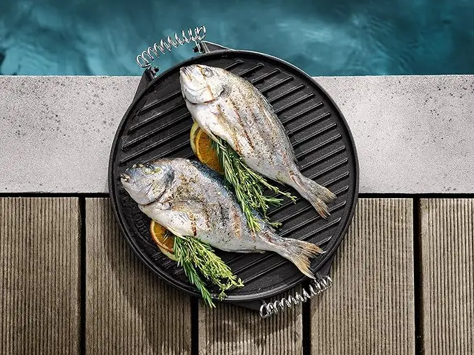 2 in 1 Pre-seasoned Grill Plate 10 inch Reversible Round Cast Iron Griddle Double Burner Griddle with Removable Coil Handles