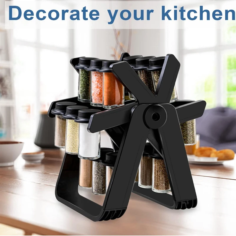 Kitchen Wheel Rotating Spice Rack Seasoning Rack with Bottles 18 Jars Glass Spice Rack Organizer