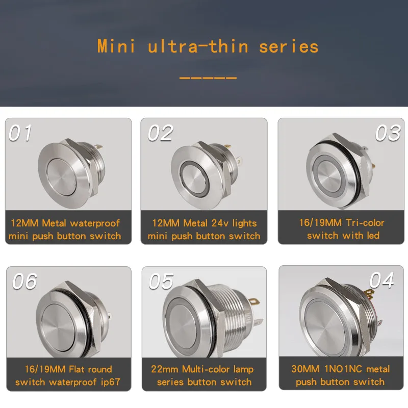 New product 12mm  mini push button switch  spst metal short body waterproof IP67 pin terminal  12V for electrical power switch