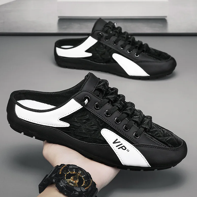 Mens Shoes 2024 Summer New Cloth Shoes Trendy Versatile Casual Lazy One Step Half Dragboard Leather Face Running Shoes Men