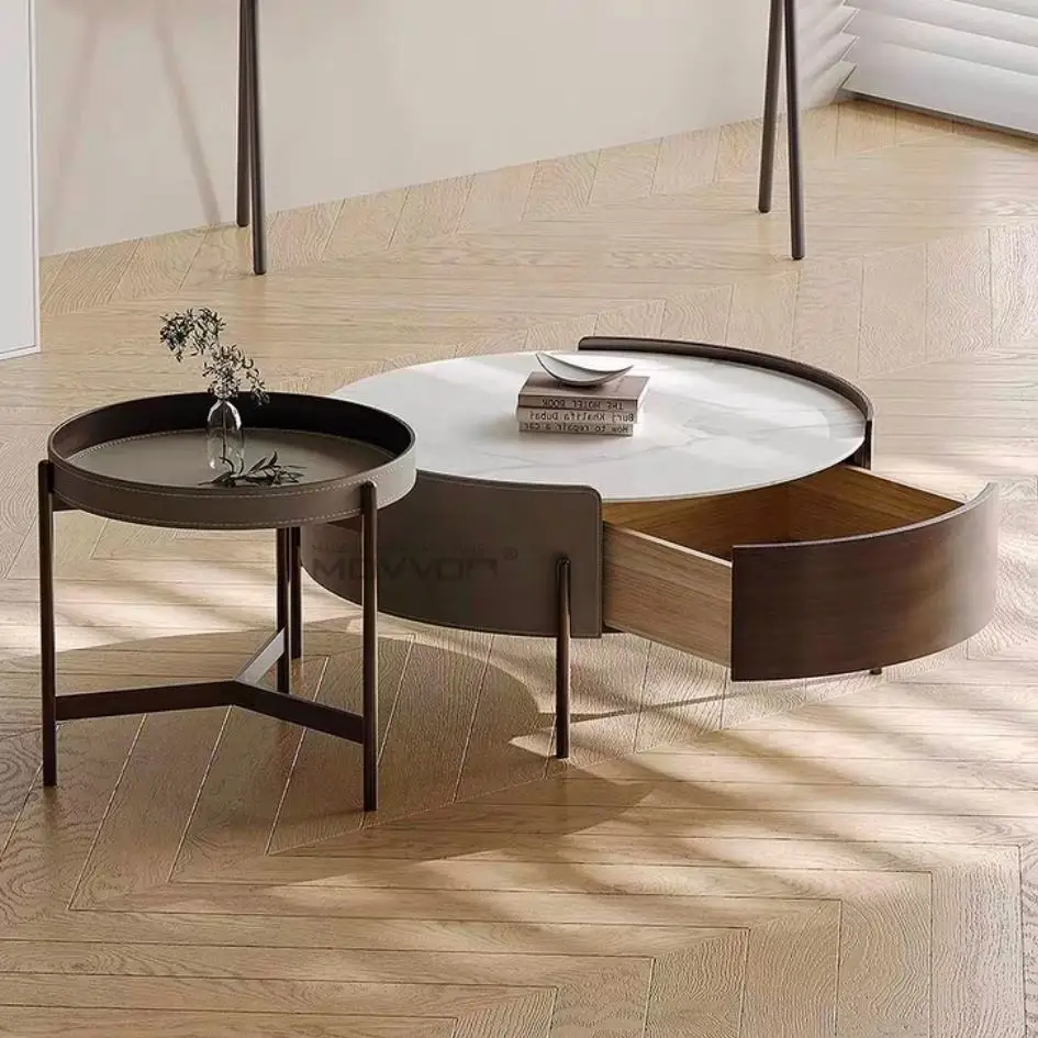 Italian round rock slab simple saddle leather solid wood living room home coffee table combination