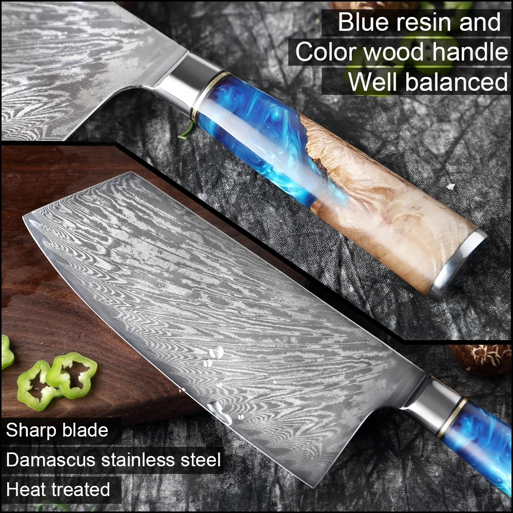 67 Layers Japanese Damascus Steel VG10 Chef Knife Cleaver Kitchen Knife Blue Resin Color Wood Handle Home Cooking Tools