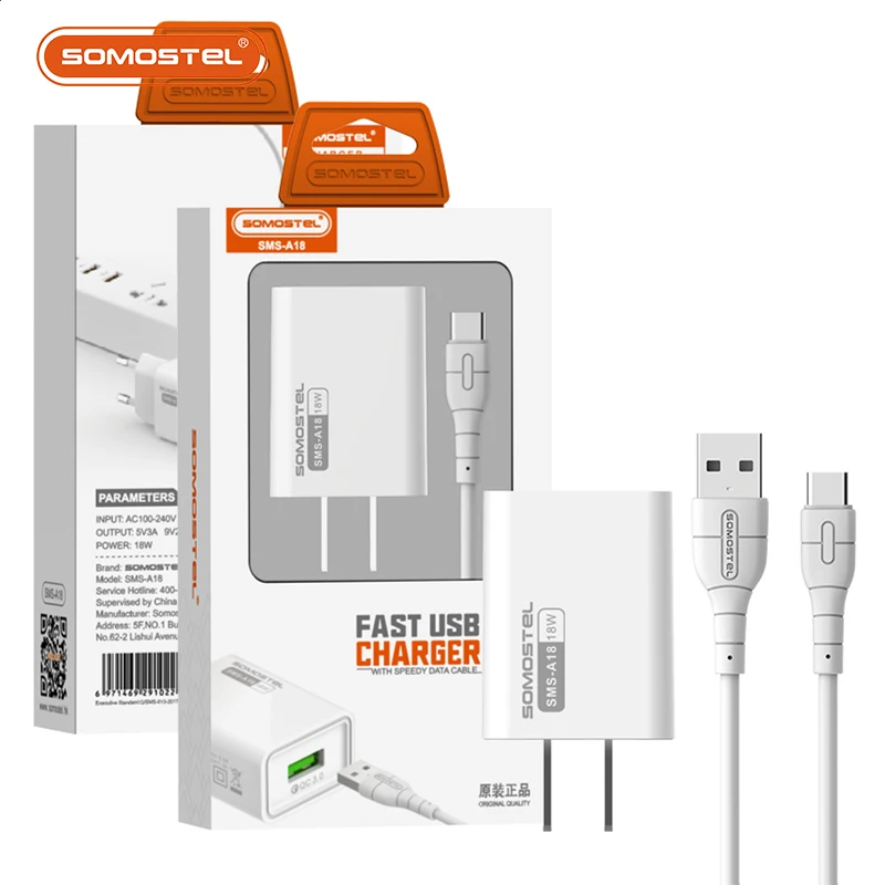 Somoetel SMS-A18 QC3.0 18W Fast China cheap Chargers with data cable wholesale travel charger adapter for iphone 13 mobile